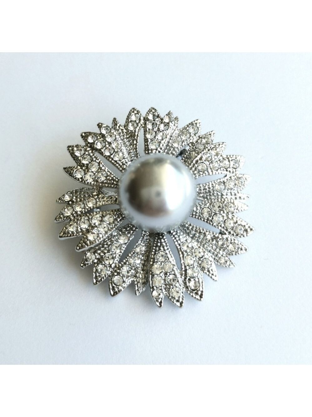 Vintage Silver crystal grey pearl carnation flower brooch pin